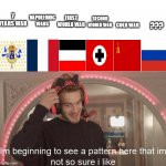 Oh No... | SECOND WORLD WAR; FIRST WORLD WAR; 7 YEARS WAR; ??? NAPOLEONIC WARS; COLD WAR | image tagged in im begginning to see a pattern here that im not so sure i like | made w/ Imgflip meme maker