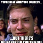 PETER PARKER CRY | THE FACE YOU MAKE WHEN YOU'RE DONE WITH YOUR BUSINESS.... ....BUT THERE'S NO PAPER ON THE TP ROLL | image tagged in peter parker cry | made w/ Imgflip meme maker