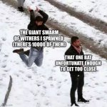 Withers in Minecraft | THE GIANT SWARM OF WITHERS I SPAWNED 
(THERE’S 10000 OF THEM); THAT ONE BAT UNFORTUNATE ENOUGH TO GET TOO CLOSE | image tagged in snowball attack,minecraft,wither,memes | made w/ Imgflip meme maker