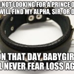 bdsm collar | I’M NOT LOOKING FOR A PRINCE ONE DAY I WILL FIND MY ALPHA, SIR, OR DADDY; ON THAT DAY BABYGIRL WILL NEVER FEAR LOSS AGAIN | image tagged in bdsm collar | made w/ Imgflip meme maker