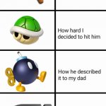 items | image tagged in how hard i could hit my brother,mario kart,bob omb,bullet bill,green shell,hammer | made w/ Imgflip meme maker