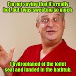 Oy. It's so hot out. | I'm not saying that it's really hot, but I was sweating so much; I hydroplaned of the toilet seat and landed in the bathtub. | image tagged in rodney dangerfield,funny | made w/ Imgflip meme maker
