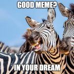 . | GOOD MEME? IN YOUR DREAM | image tagged in zinger zebra | made w/ Imgflip meme maker
