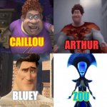 Snotty Boy Glow Up (Children Show Characters) | ARTHUR; CAILLOU; BLUEY; ZOU | image tagged in snotty boy glow up 4 levels | made w/ Imgflip meme maker