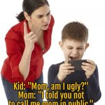Mom and kid | Kid: "Mom, am I ugly?" Mom: "I told you not to call me mom in public." | image tagged in mom scolding,kid,ugly,do not call me mom,in public,fun | made w/ Imgflip meme maker