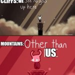 Geographically true | CLIFFS:; WE; MOUNTAINS:; US | image tagged in hollow knight,geography,cliff,mountain,memes | made w/ Imgflip meme maker