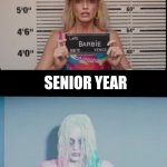 College life | FIRST YEAR; SENIOR YEAR | image tagged in barbie and harley quinn | made w/ Imgflip meme maker