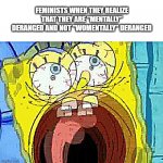 Feminism | FEMINISTS WHEN THEY REALIZE THAT THEY ARE "MENTALLY" DERANGED AND NOT "WOMENTALLY" DERANGED | image tagged in spongebob screaming | made w/ Imgflip meme maker