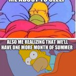 The pain | ME ABOUT TO SLEEP; ALSO ME REALIZING THAT WE’LL HAVE ONE MORE MONTH OF SUMMER | image tagged in homer sleeping vs can't sleep | made w/ Imgflip meme maker