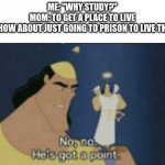 Why study? | ME: "WHY STUDY?"
MOM: TO GET A PLACE TO LIVE
ME: "HOW ABOUT JUST GOING TO PRISON TO LIVE THERE? | image tagged in no no hes got a point | made w/ Imgflip meme maker