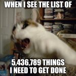 Request from my friend | WHEN I SEE THE LIST OF; 5,436,789 THINGS I NEED TO GET DONE | image tagged in panic cat,to do list,cat,funny memes,relatable,hell | made w/ Imgflip meme maker