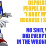 Sonic says | DEPRESSED PEOPLE ARE LIKE "I HURT MYSELF BECAUSE I SUFFER"; NO SHIT, YOU DID EVERYTHING IN THE WRONG ORDER | image tagged in sonic says | made w/ Imgflip meme maker