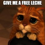 puss in boots eyes | GIVE ME A FREE LECHE | image tagged in puss in boots eyes | made w/ Imgflip meme maker