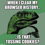 raptor asking questions | WHEN I CLEAR MY BROWSER HISTORY... ...IS THAT TOSSING COOKIES? | image tagged in raptor asking questions,chrome,edge,firefox,bad puns,first world problems | made w/ Imgflip meme maker