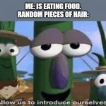 Allow us to introduce ourselves | ME: IS EATING FOOD.
RANDOM PIECES OF HAIR: | image tagged in allow us to introduce ourselves,memes | made w/ Imgflip meme maker