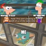 Fr tho | NOT WANTING TO SLEEP; WANTING TO SLEEP; ME | image tagged in phineas and ferb,perry the platypus,sleep,trying to sleep,your mom,funny meme | made w/ Imgflip meme maker