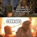 I Hate Corn!!! >:( | Me misclicking on a sketchy website; CORN ADS | image tagged in aunt may explosion | made w/ Imgflip meme maker