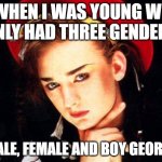 Gen X Genders | WHEN I WAS YOUNG WE ONLY HAD THREE GENDERS; MALE, FEMALE AND BOY GEORGE | image tagged in boy george | made w/ Imgflip meme maker