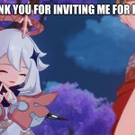 Paimon gets invited | PAIMON: THANK YOU FOR INVITING ME FOR DINNER GUYS! | image tagged in genshin impact shy paimon | made w/ Imgflip meme maker