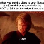 I don’t think they watched the whole thing | When you send a video to your friends at 3:52 and they respond with the "LMAOO" at 3:53 but the video 3 minutes long: | image tagged in anakin liar,memes,funny,true story,relatable memes,star wars | made w/ Imgflip meme maker