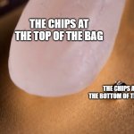 worlds smallest computer | THE CHIPS AT THE TOP OF THE BAG; THE CHIPS AT THE BOTTOM OF THE BAG | image tagged in worlds smallest computer | made w/ Imgflip meme maker