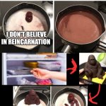 Gorilla never dies guys | LISTEN KID; I DON'T HAVE MUCH TIME; I DON'T BELIEVE IN REINCARNATION | image tagged in chocolate gorilla,memes,gorilla,reincarnation,chocolate | made w/ Imgflip meme maker