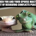CONFLICT RESOLUTION | WHEN YOU AND YOUR SPOUSE MASTER THE ART OF RESOLVING CONFLICTS PEACEFULLY | image tagged in smiling lizard couple | made w/ Imgflip meme maker