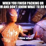 Example for this new meme | WHEN YOU FINISH PACKING UR ROOM AND DON'T KNOW WHAT TO DO NEXT | image tagged in spiderman now what | made w/ Imgflip meme maker