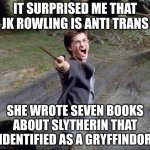 Harry potter | IT SURPRISED ME THAT JK ROWLING IS ANTI TRANS; SHE WROTE SEVEN BOOKS ABOUT SLYTHERIN THAT IDENTIFIED AS A GRYFFINDOR | image tagged in harry potter | made w/ Imgflip meme maker