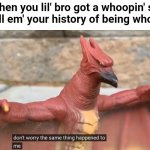 Don’t worry the same thing happened to me | When you lil' bro got a whoopin' so you tell em' your history of being whopped: | image tagged in don t worry the same thing happened to me | made w/ Imgflip meme maker