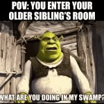 What are you doing in my room? | POV: YOU ENTER YOUR OLDER SIBLING’S ROOM | image tagged in gifs,shrek what are you doing in my swamp,shrek | made w/ Imgflip video-to-gif maker