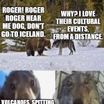 Oh, and a volcano is going off too, can't write that off. | WHY? I LOVE THEIR CULTURAL EVENTS, FROM A DISTANCE. ROGER! ROGER ROGER HEAR ME DOG, DON'T GO TO ICELAND. VOLCANOES, SPITTING OUT TORNADOES... WAY! NO... | image tagged in bear and wolf staring at eachother | made w/ Imgflip meme maker