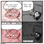 Hey you going to sleep? | HOW DO I HAVE EYES; CONFUSION* | image tagged in hey you going to sleep | made w/ Imgflip meme maker