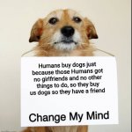 Ngl pretty true | Humans buy dogs just because those Humans got no girlfriends and no other things to do, so they buy us dogs so they have a friend | image tagged in change my mind dog,memes,doge,change my mind,humans | made w/ Imgflip meme maker