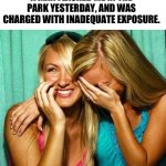 Inadequate | A MAN FLASHED ME IN THE PARK YESTERDAY, AND WAS CHARGED WITH INADEQUATE EXPOSURE. | image tagged in girls laughing | made w/ Imgflip meme maker
