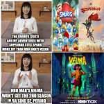 I'll be embrassed when Velma's 2nd season was announced, so I'll end up watch The Smurfs and that newest Superman cartoon | THE SMURFS (2021) AND MY ADVENTURES WITH SUPERMAN STILL SPARK MORE JOY THAN HBO MAX'S VELMA; HBO MAX'S VELMA WON'T GET THE 2ND SEASON IN BA SING SE, PERIOD | image tagged in marie kondo spark joy,there is no war in ba sing se,smurfs,velma,superman | made w/ Imgflip meme maker