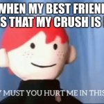 DROP DEAD | WHEN MY BEST FRIEND TELLS THAT MY CRUSH IS MEH | image tagged in why must you hurt me in this way,love,crush | made w/ Imgflip meme maker