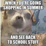 Even after graduation, hearing/reading "Back to School" gives you Vietnam Flashbacks | WHEN YOU'RE GOING SHOPPING IN SUMMER; AND SEE BACK TO SCHOOL STUFF | image tagged in ptsd chihuahua | made w/ Imgflip meme maker