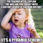 a doy! | THE TEACHER AFTER I EXPLAIN THE ONLY JOB YOU CAN GET WITH A HISTORY DEGREE IS TEACHING HISTORY; (IT'S A PYRAMID SCHEME) | image tagged in duh | made w/ Imgflip meme maker