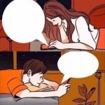 Boy and girl texting on bed comic globes