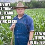 Wisdom o' the dell | THE VERY FIRST THING YOU'LL LEARN WHEN YOU BUY LAYING GEESE; IS WHAT IT MEANS TO BE "GOOSED" | image tagged in farmer mel | made w/ Imgflip meme maker