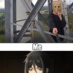 Bag head climber | Baghead Lattice Climber; Me; NOT AGAIN... | image tagged in climbing,blackbutler,anime,meme,template,head | made w/ Imgflip meme maker