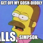 flanders calm down diddly | GET OFF MY GOSH-DIDDLY; BALLS, SIMPSON. | image tagged in flanders calm down diddly | made w/ Imgflip meme maker