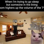 At my house, even if I tell them they practically never turn it down | When I'm trying to go sleep but someone in the living room highers up the volume of the TV:; Ok; Do you mind turning the volume down? Someone tryna to sleep over here | image tagged in living room ceiling fans,memes,cats,sleeping,tv | made w/ Imgflip meme maker