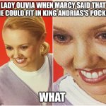 The What (Blank) | LADY OLIVIA WHEN MARCY SAID THAT SHE COULD FIT IN KING ANDRIAS'S POCKET:; WHAT | image tagged in the what blank | made w/ Imgflip meme maker