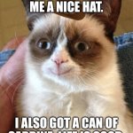 Grumpy Cat Happy Meme | THE HUMAN GAVE ME A NICE HAT. I ALSO GOT A CAN OF SARDINE. LIFE IS GOOD. | image tagged in memes,happy,kitty | made w/ Imgflip meme maker