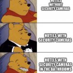 Whinnie The Poo (Normal, Fancy, Gross) | HOTELS WITHOUT SECURITY CAMERAS; HOTELS WITH SECURITY CAMERAS; HOTELS WITH SECURITY CAMERAS IN THE BATHROOMS | image tagged in whinnie the poo normal fancy gross | made w/ Imgflip meme maker