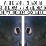 “quick, hide it!” “act normal!” | WHEN YOU AND YOUR SIBLING ARE FIGHTING AND ONE OF YOU BREAKS SOMETHING | image tagged in two dragons stare,oh no,siblings | made w/ Imgflip meme maker
