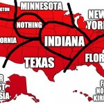 usa according to illinoisans/hoosiers: | MINNESOTA; WASHINGTON; NEW YORK; NOTHING; INDIANA; CALIFORNIA; TEXAS; FLORIDA; FAR EAST RUSSIA; FAR NORTH KIRIBATI | image tagged in red usa map,maps,usa,united states,terrible | made w/ Imgflip meme maker