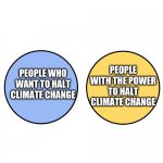 Climate change doom | PEOPLE WITH THE POWER TO HALT CLIMATE CHANGE; PEOPLE WHO WANT TO HALT CLIMATE CHANGE | image tagged in venn with no overlap differences,climate change,global warming,there is no planet b,climate,global heating | made w/ Imgflip meme maker